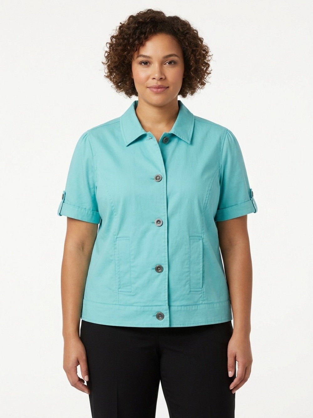 Christopher & Banks Cotton Short-Sleeve Button-Down Shirt Jacket in Teal